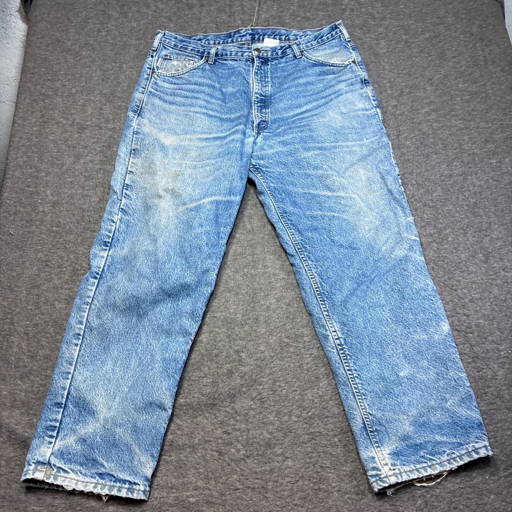 Carhartt Flannel Lined Jeans Mens 40x30 Blue Vintage Distressed Stained Thrashed